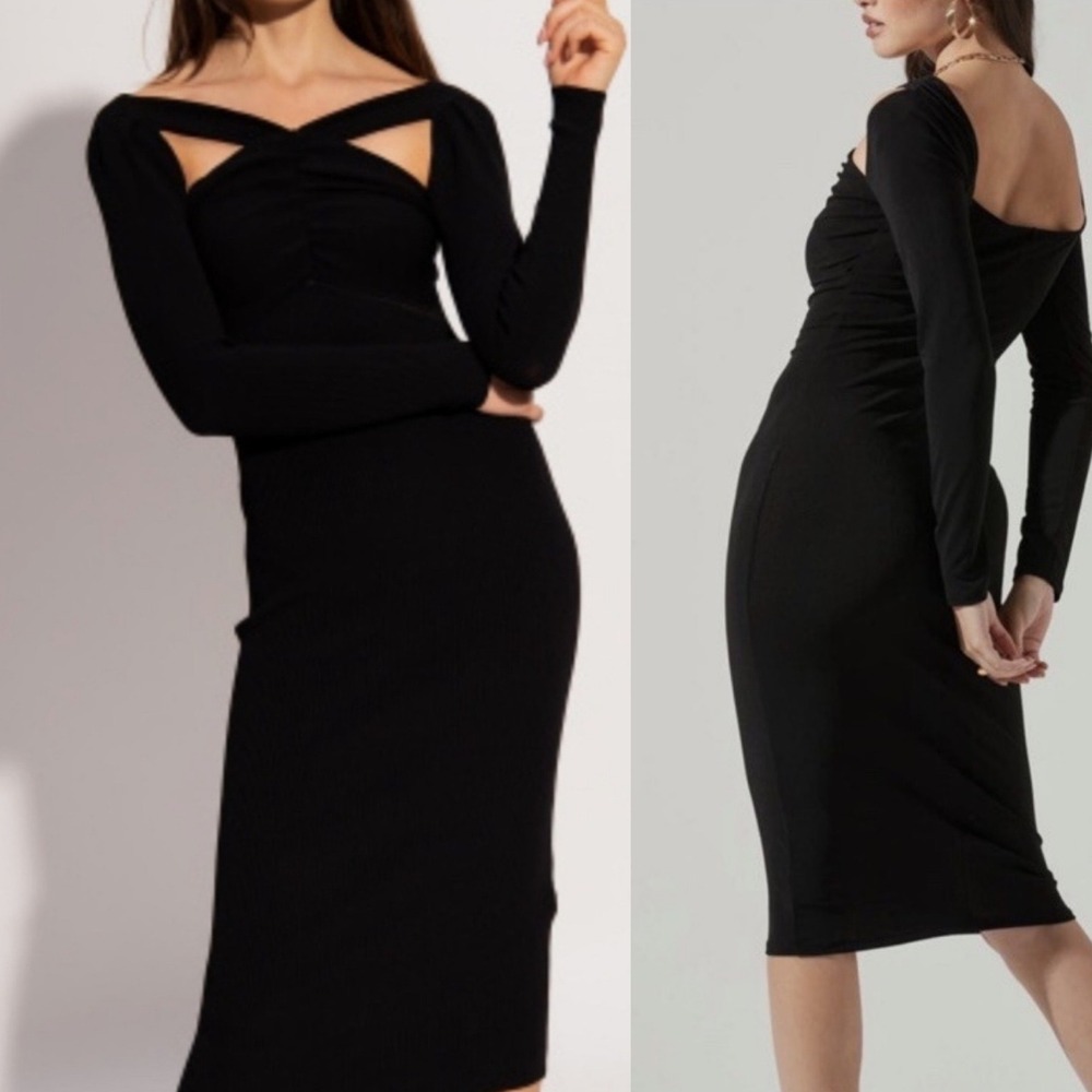 ASTR The Label Black Cutout Bodycon Midi Dress Long Sleeve Ruched S